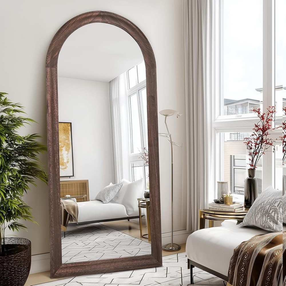 Arched Full Length Mirror 71" - Rustic Brown Solid Wood Wall Mirror,