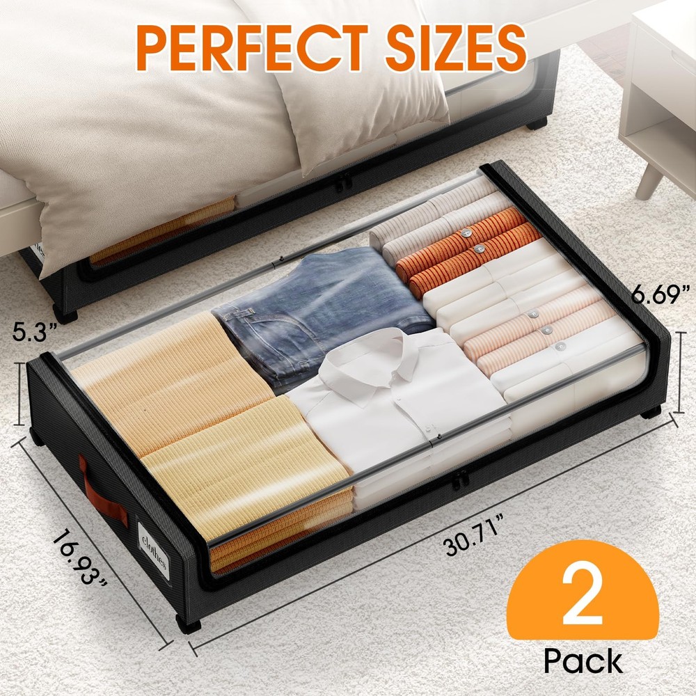 SpaceHacks Under Bed Storage with Wheels 2Pack Storage Containers with Clear ...