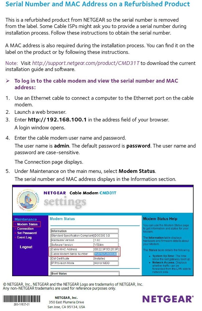 NETGEAR Renewed CMD31T-100NAR (4x4) Cable Modem - Cox, Cablevision