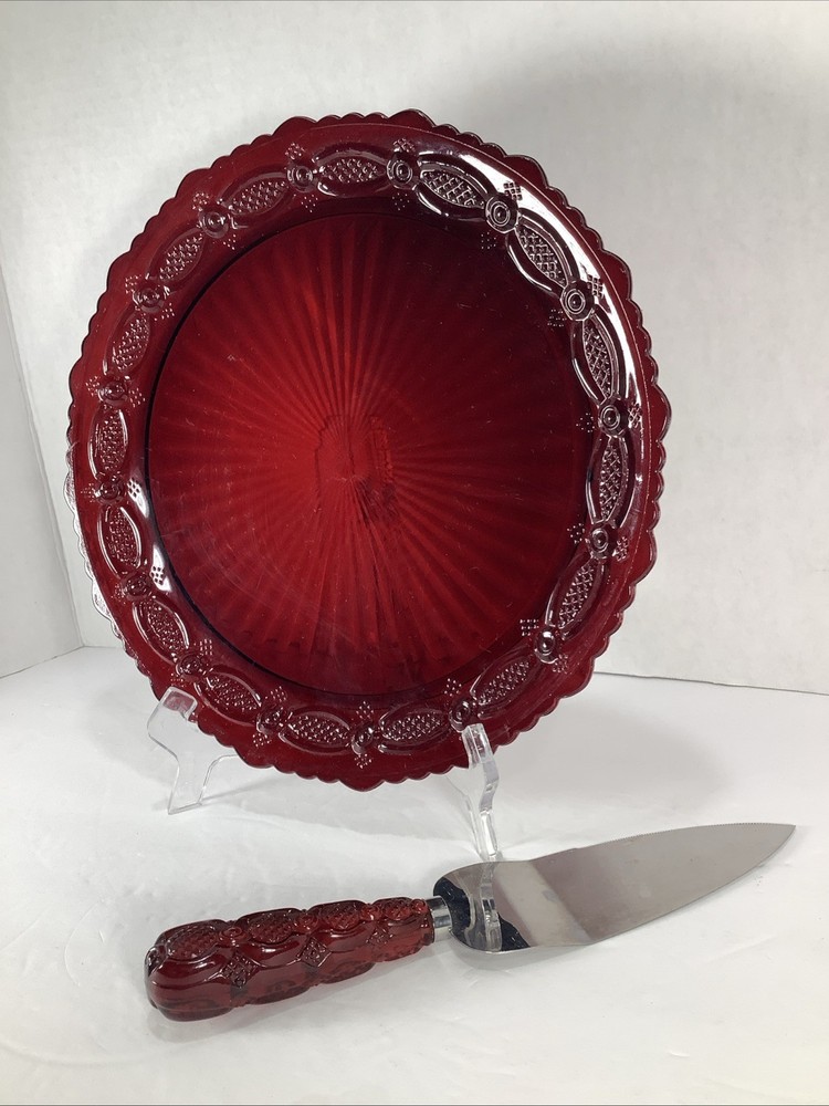 Avon Cape Cod 1876 Ruby Red 10.5” Cake Plate & Matching Server