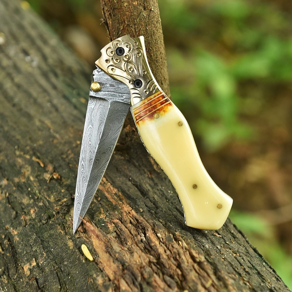 Damascus Folding Dagger Blade Pocket Knife Tactical-Double Edge