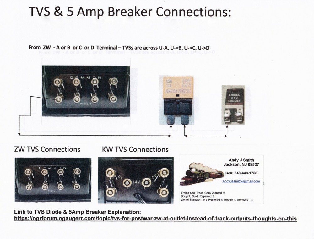 Lionel Post War Transformer Circuit Protection (4) 5AMP Breakers & (4) TVS - ZW
