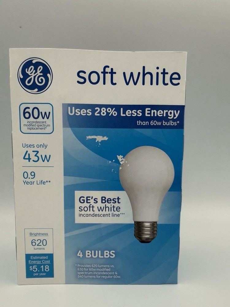 GE Soft White OLD STYLE Bulbs 60W Replacement 43W A19 Warm Light 4 Pack NOS