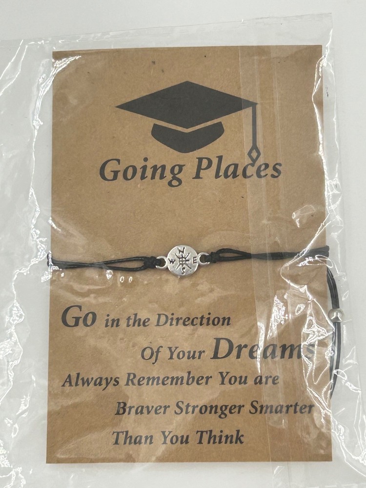 Going Places Compass Charm Bracelet Black Cord Adjustable Silver Tone