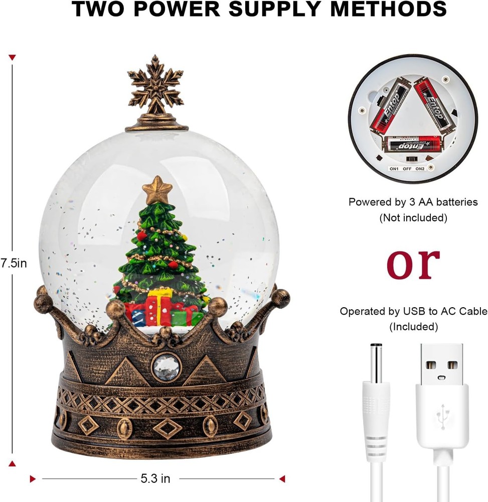 Charming Glittering Christmas Tree Crown Snow Globe with USB & Battery Modes