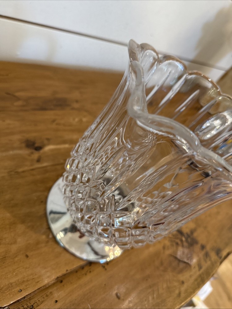 Vintage Diamond Cut Pattern Crystal Pitcher with Silverplate Base