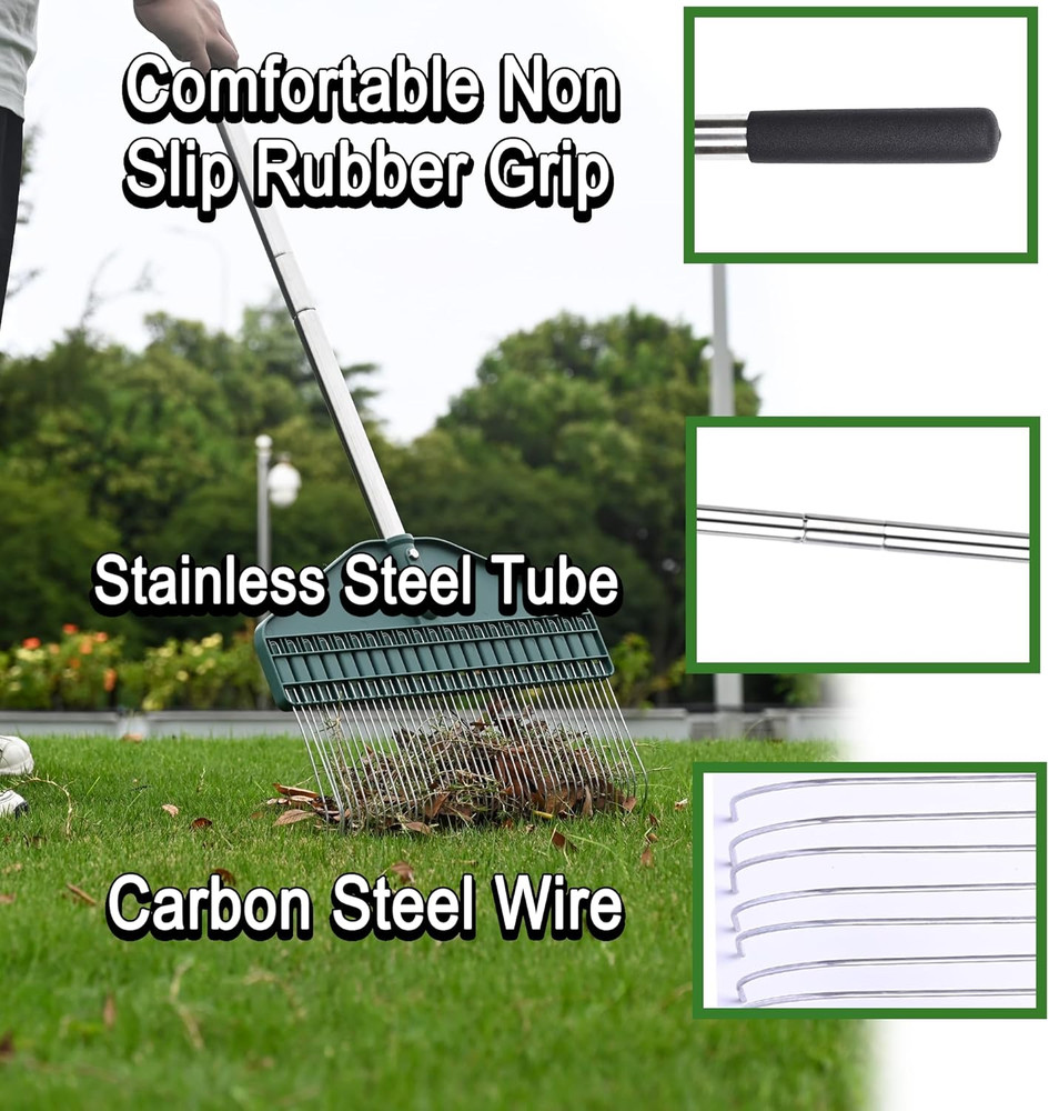 Adjustable Thatch Rake with 66" Handle - 17" Durable Dethatcher for Lawn Care