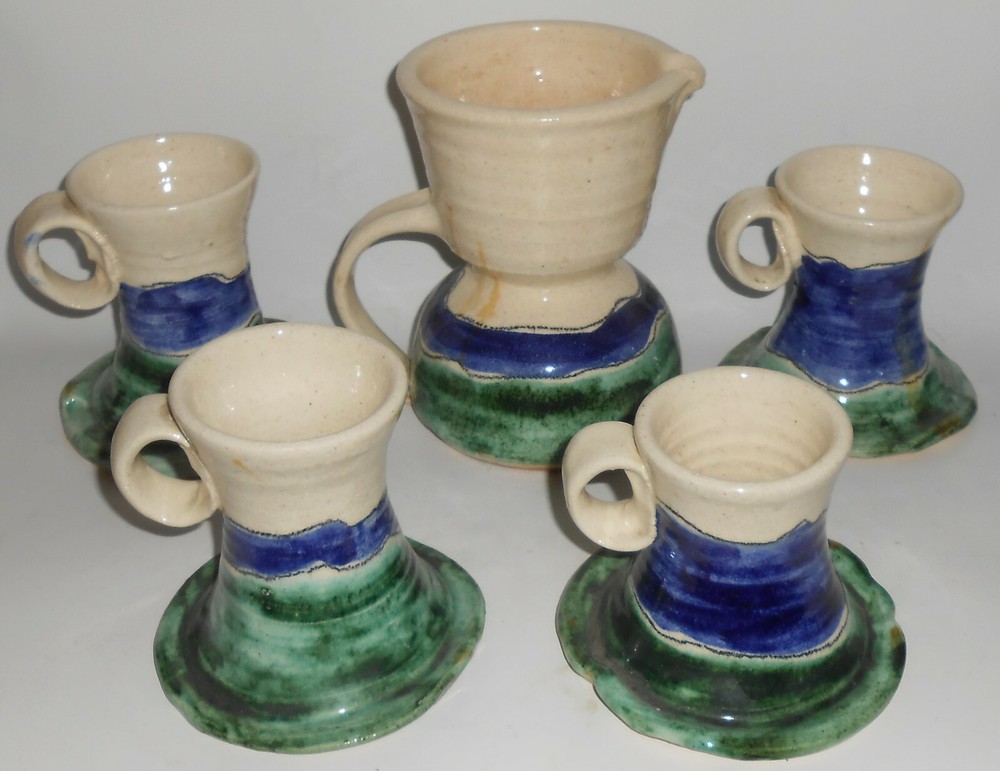 Hendry Studio Pottery Wheel Thrown Pitcher & 4 Mug Set
