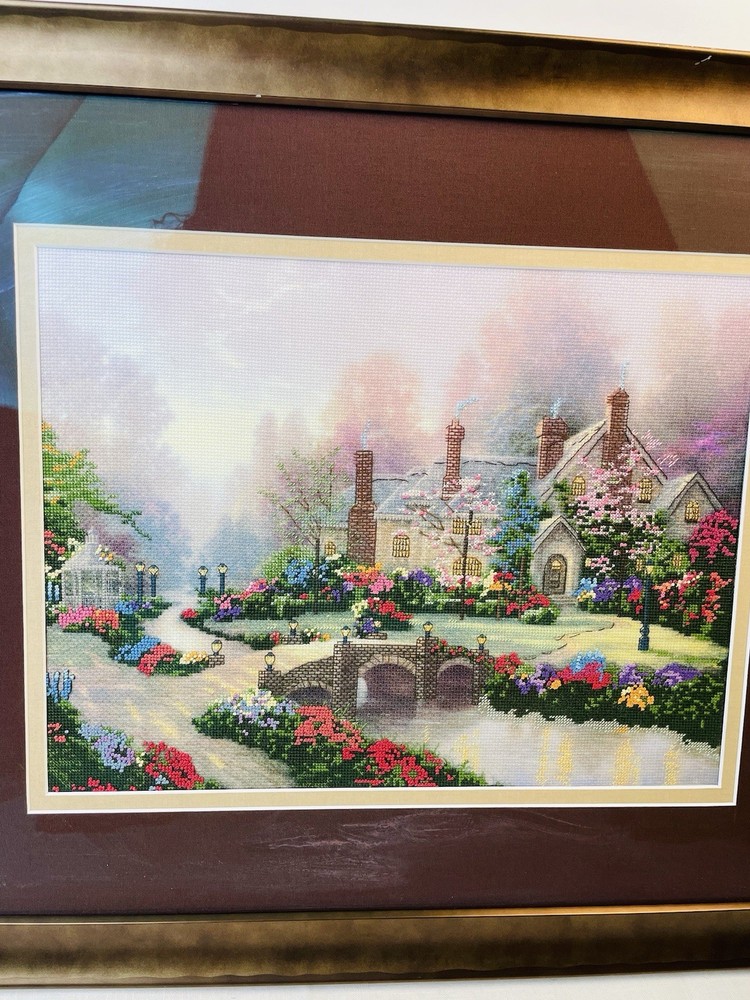 Thomas Kinkade "Beyond Spring Gate" Completed Cross Stitch Matted Framed 24”x21”