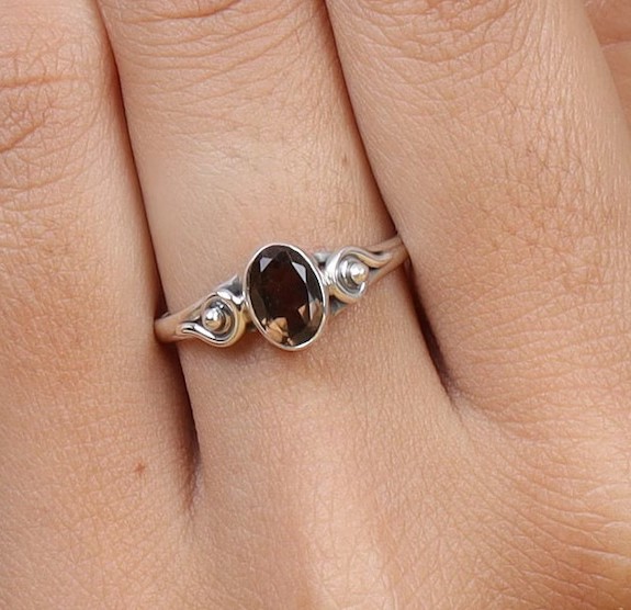 Solid 925Sterling Silver Natural Smoky Quartz Oval Brown Gemstone Boho Band Ring