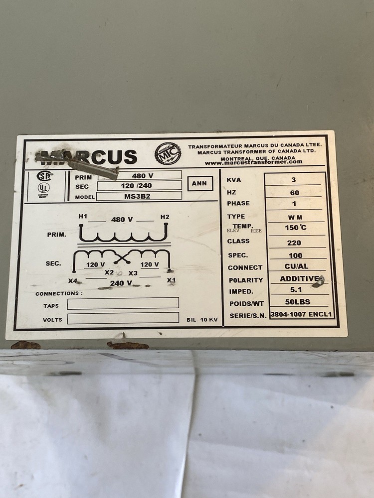 Marcus MS3B2 Transformer 3kva 480v-ac 120/240v-ac 1ph