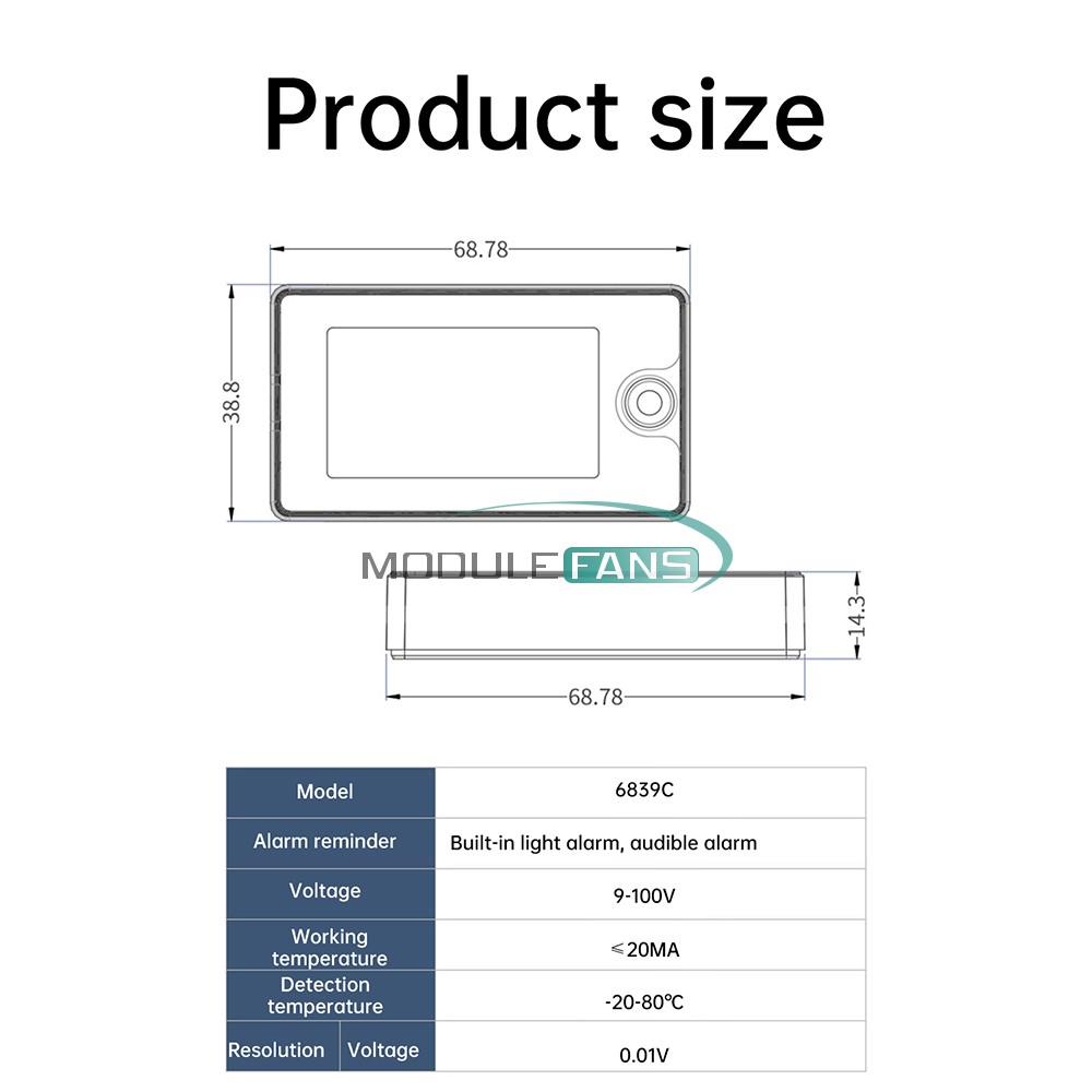 DC8-100V LCD Digital Battery Capacity Indicator Voltmeter w/ Temperature Display