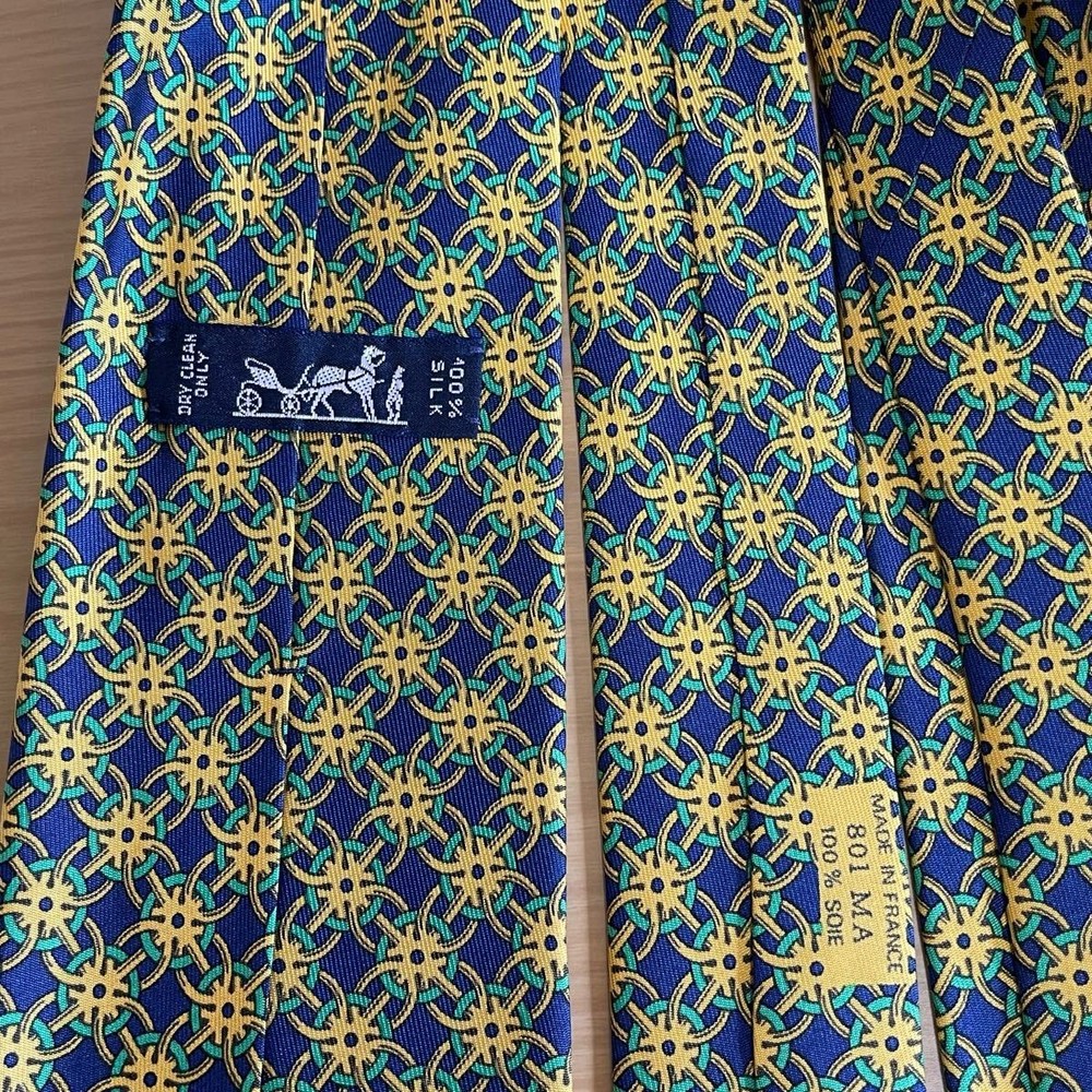 HERMES Blue Gold Green Gear Pattern Tie