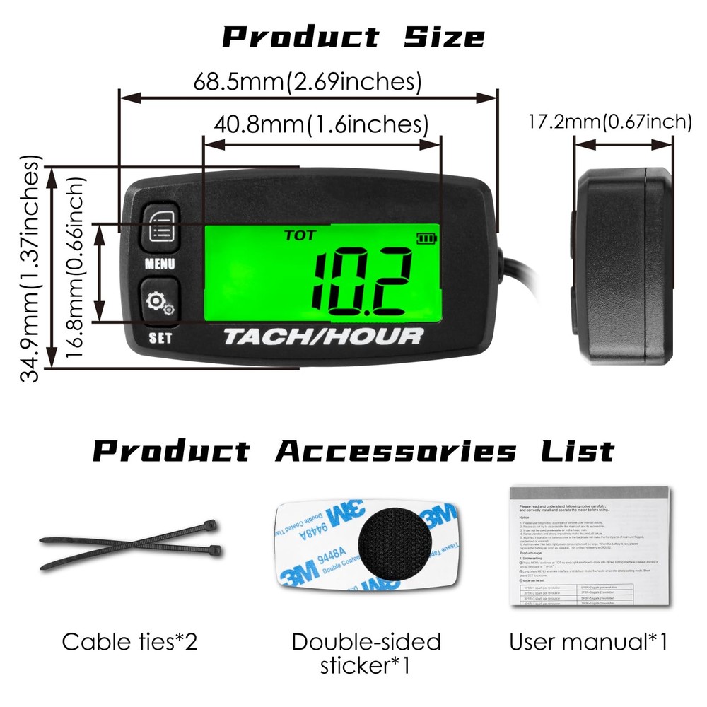 Self Powered Digital Tachometer Hour Meter, Inductive, Waterproof, Battery Re...