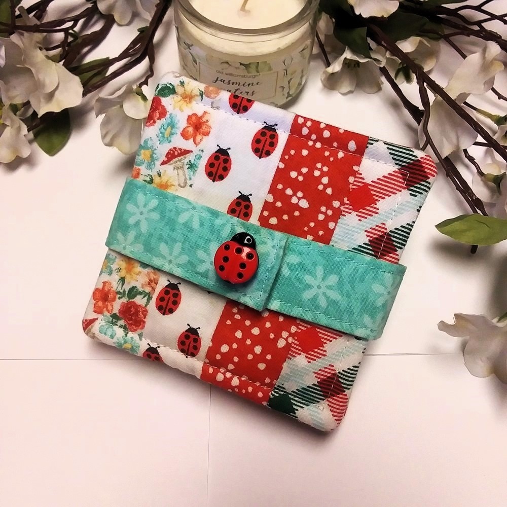 LADYBUG PICNIC 5pc Handmade Reversible Patchwork Coasters w/Holder & Button