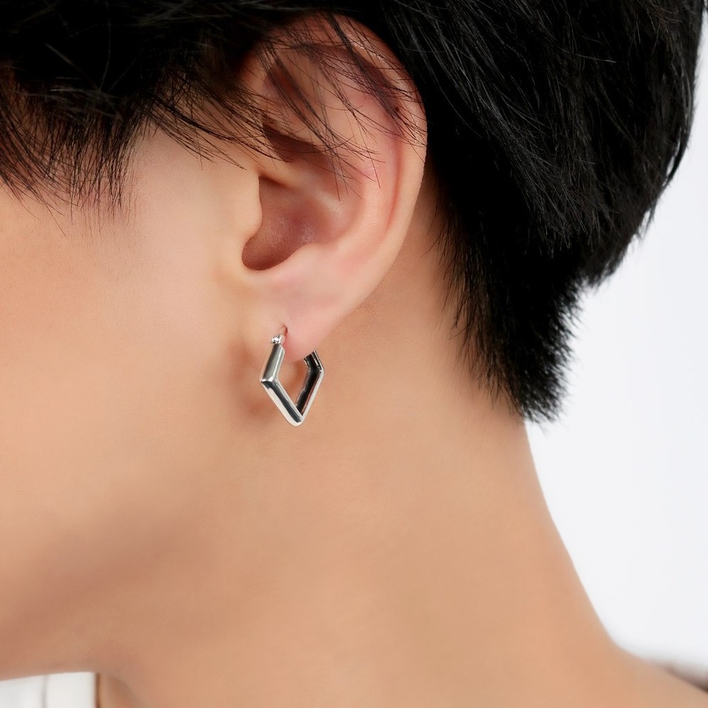 Soft Diamond-Shaped Hoop Earring (Single) 925 Silver