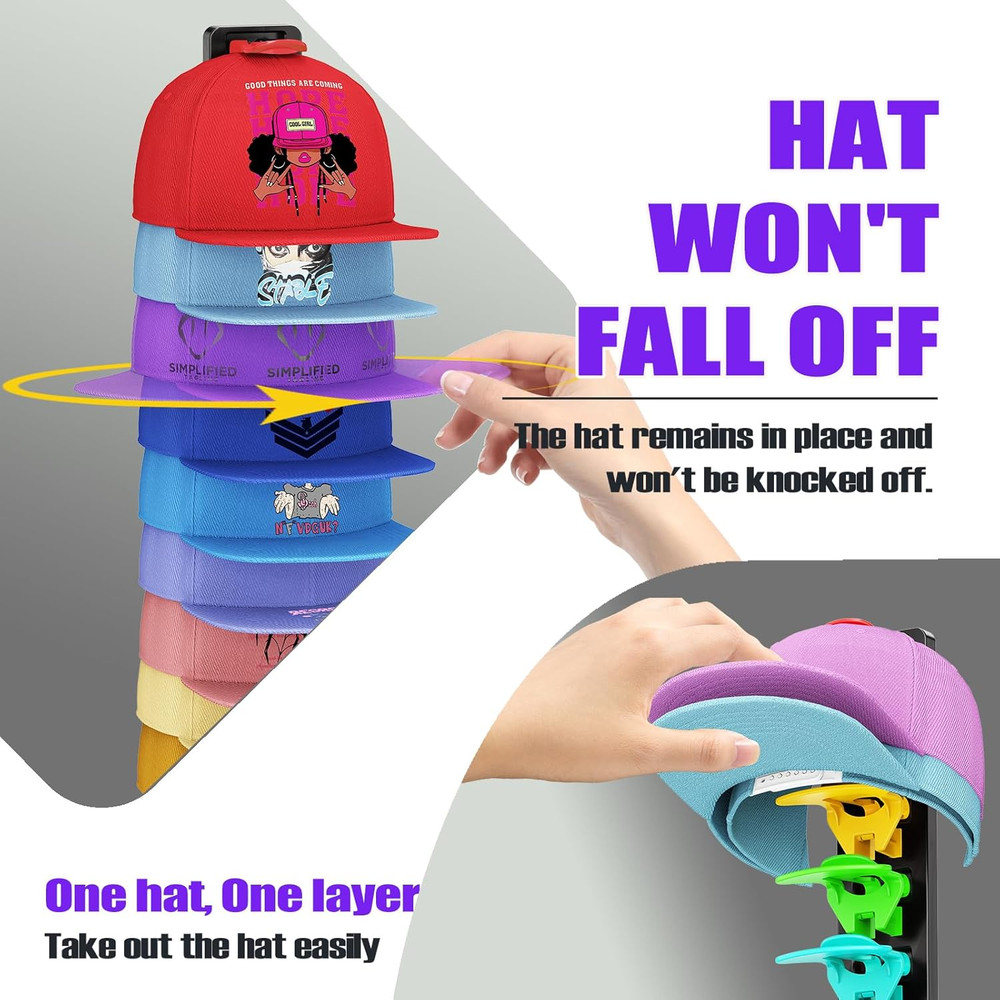 2 Pack Hat Organizer for Baseball Caps, Hat Rack for Wall (Rainbow)