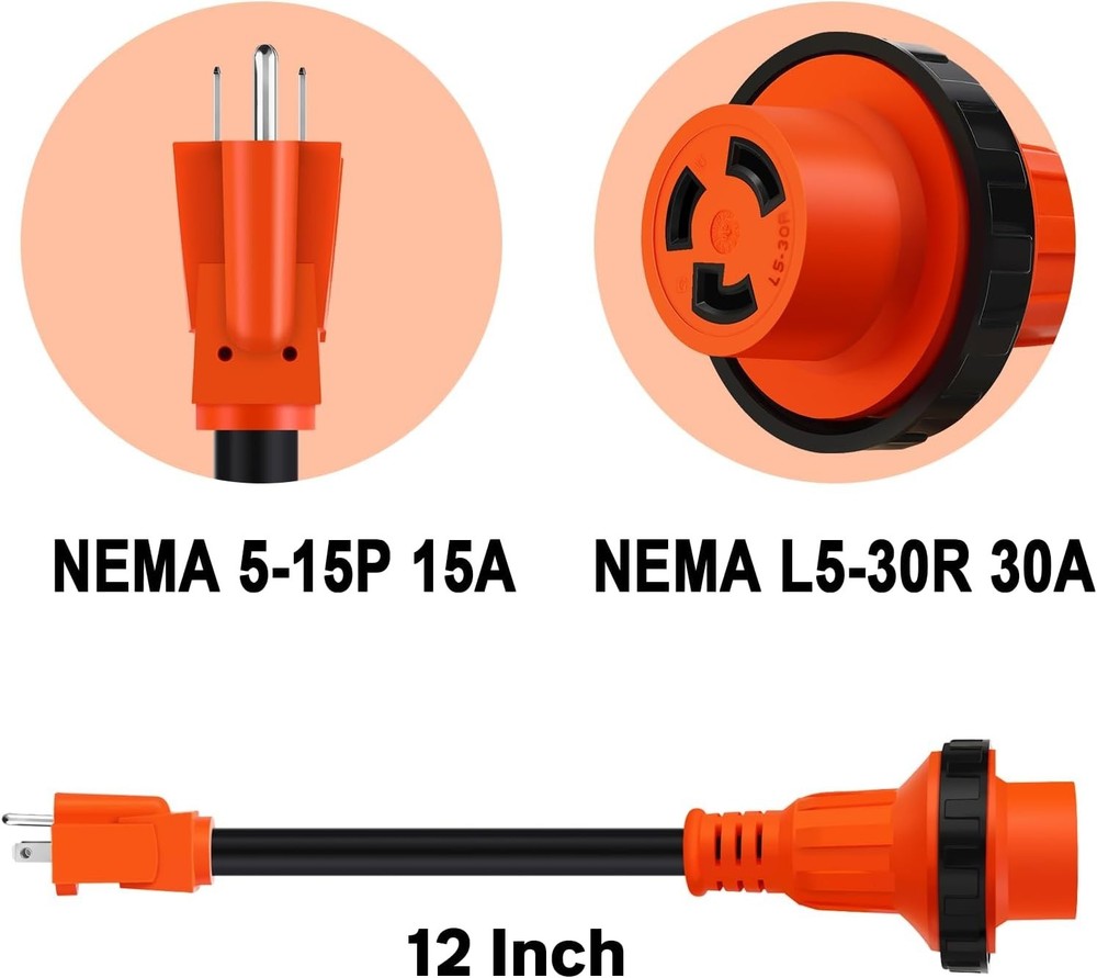 EPICORD RV Adapter Cord 15 Amp Male 5-15P to 30 Amp Twist Lock Female L5-30R USA