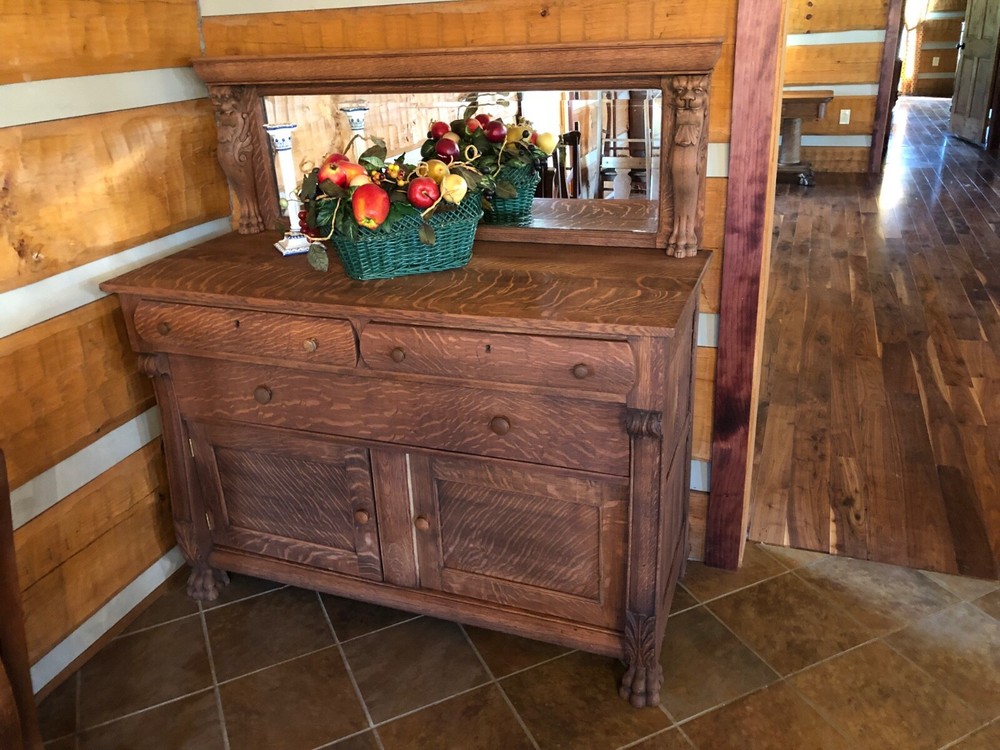 Antique Tiger Oak Buffet/Sideboard with original beveled mirror backboard