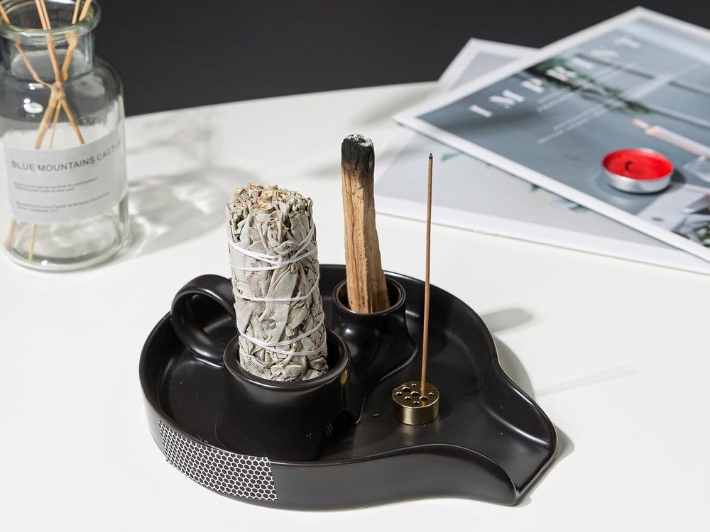 Ceramic 4 in 1 Incense Holder Burner, Sage Holder with Handle, Sage Holder fo...