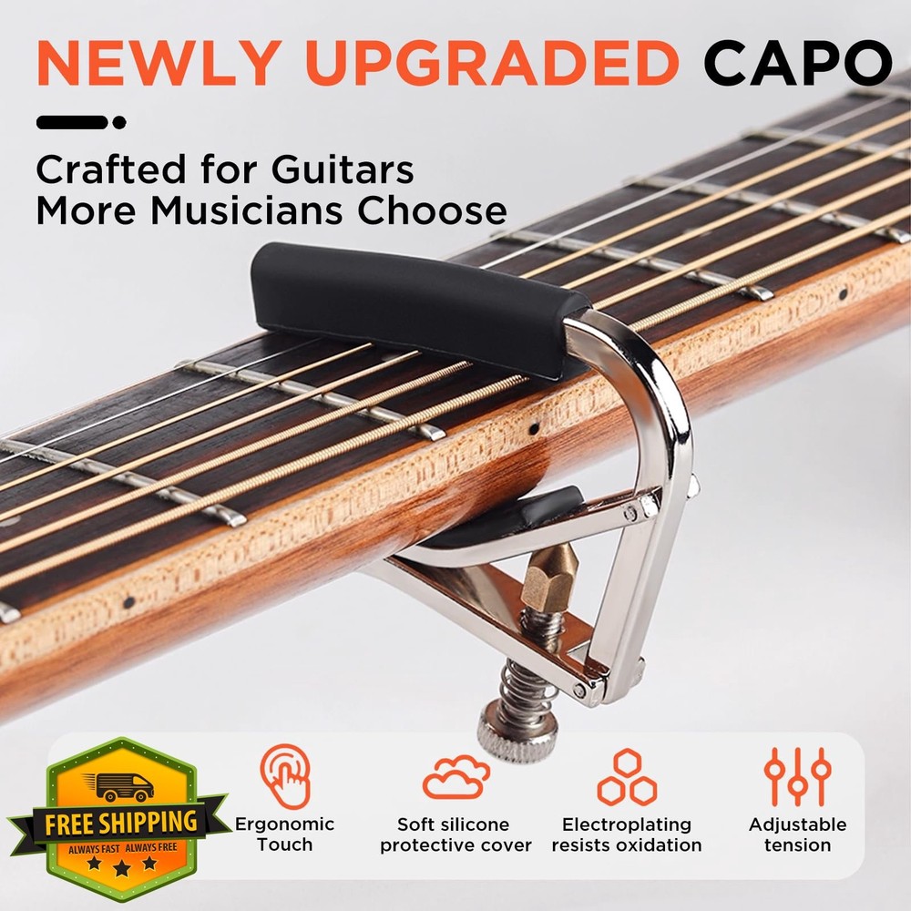 LORITED Guitar Capo Silver Clip-On Tuner 6 String