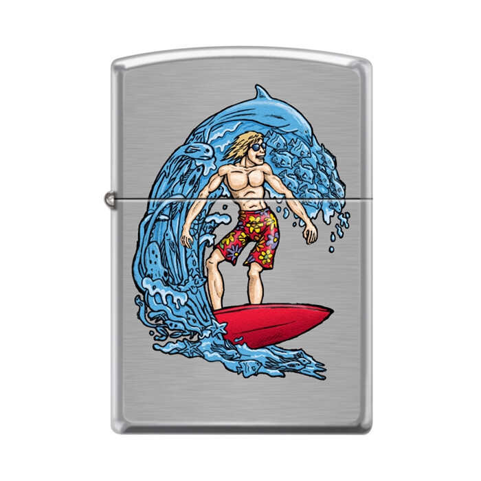 Zippo Lighter - Surfer & Dolphin Brushed Chrome - 856195