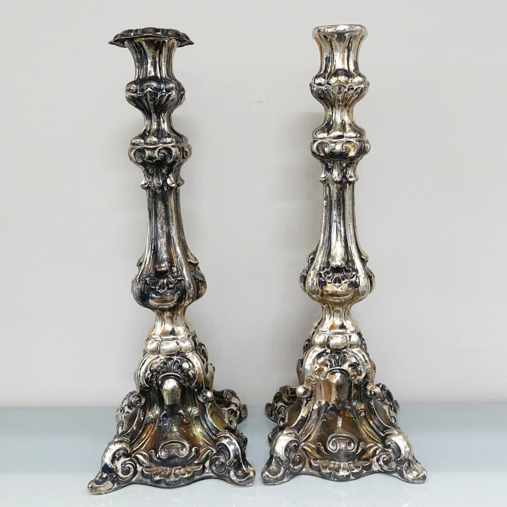 Sterling Silver Baroque Style Candlestick Holder Pair Set - 15 1/4" Tall