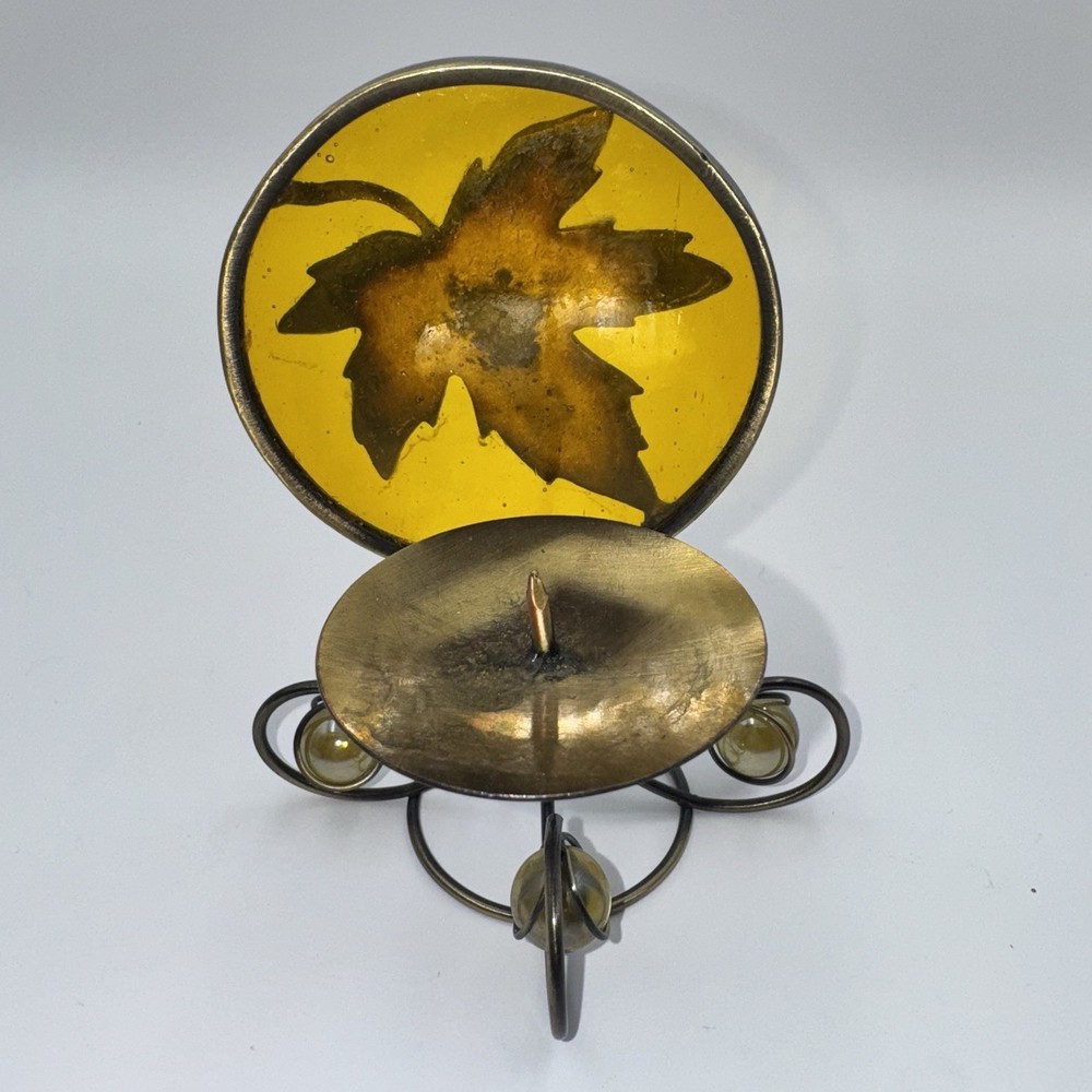 Vintage Rustic Stained Glass Candle Holder Fall Bronze Tone With Marbles