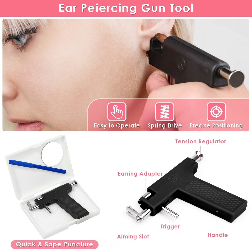 Professional Ear Piercing Gun Kit, Reusable with Stainless Black