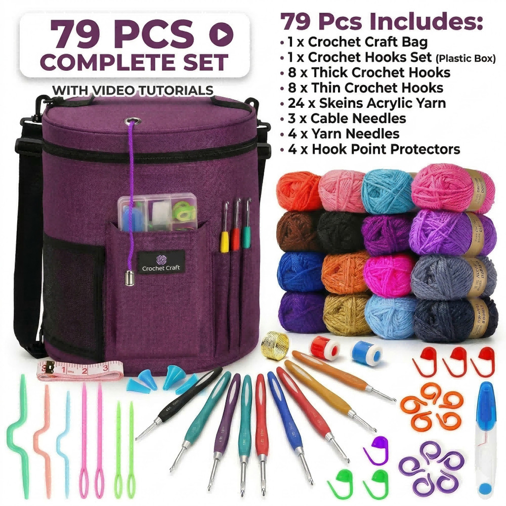 Complete Beginner Crochet Kit with Yarn Hooks Accessories & Storage Bag