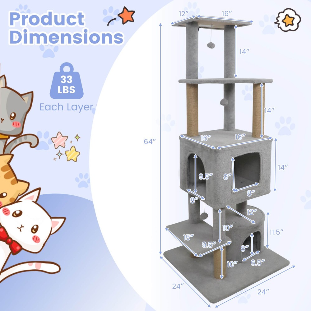 64” Tall Cat Tree with 2 Large Condos, Jute Scratching Posts, Plush Top Perch