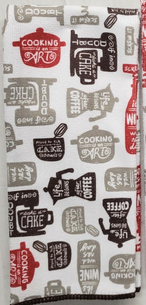 2 PRINTED MICROFIBER KITCHEN TOWELS (15"x25") INSPIRATIONAL KITCHEN PHRASES,HC