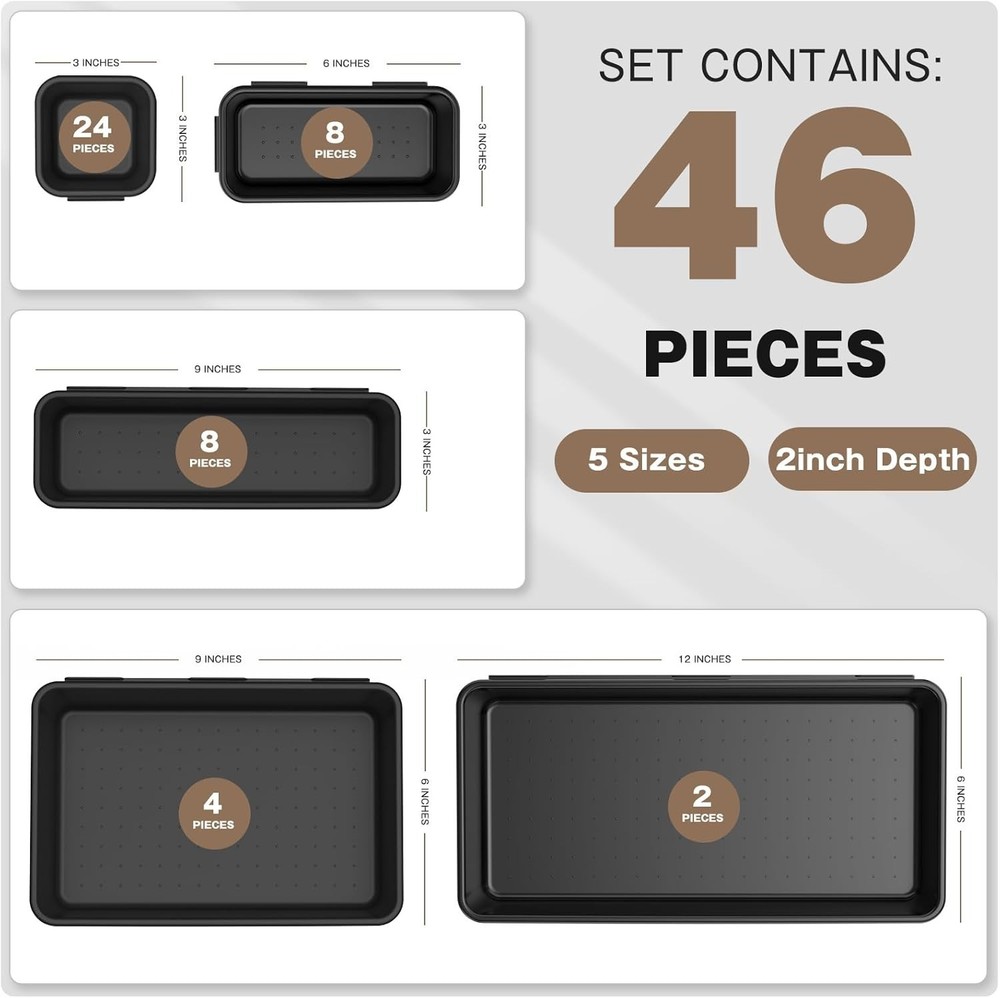 𝟰𝟲𝗣𝗖𝗦 & 5 Size】Tool Box Organizer Tray Divider Set, 【Black】 Desk Drawer ...