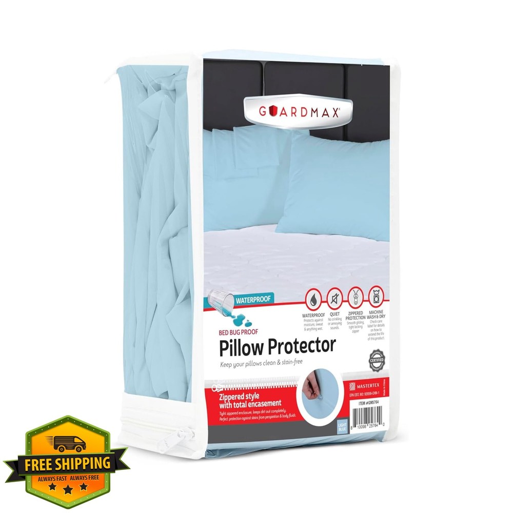 Guardmax King Pillow Protector Waterproof Zippered Bed Bug 8pk 20x36 Blue