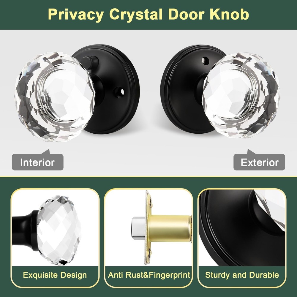 2 Pack Crystal Door Knobs Interior, Elegant Matte Black Glass Door Knobs, Key...