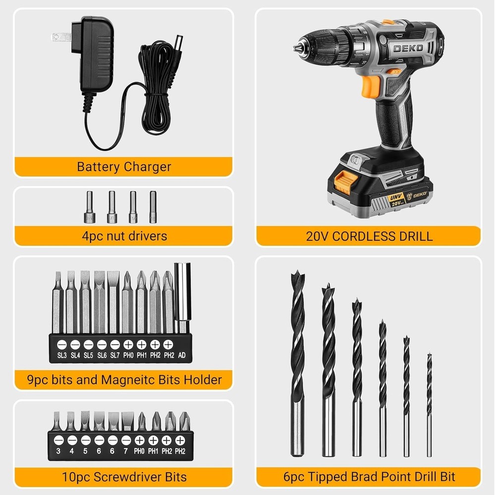 Compact Cordless Drill Set 20V with Battery & 10 Bits - Ideal for DIY Projects