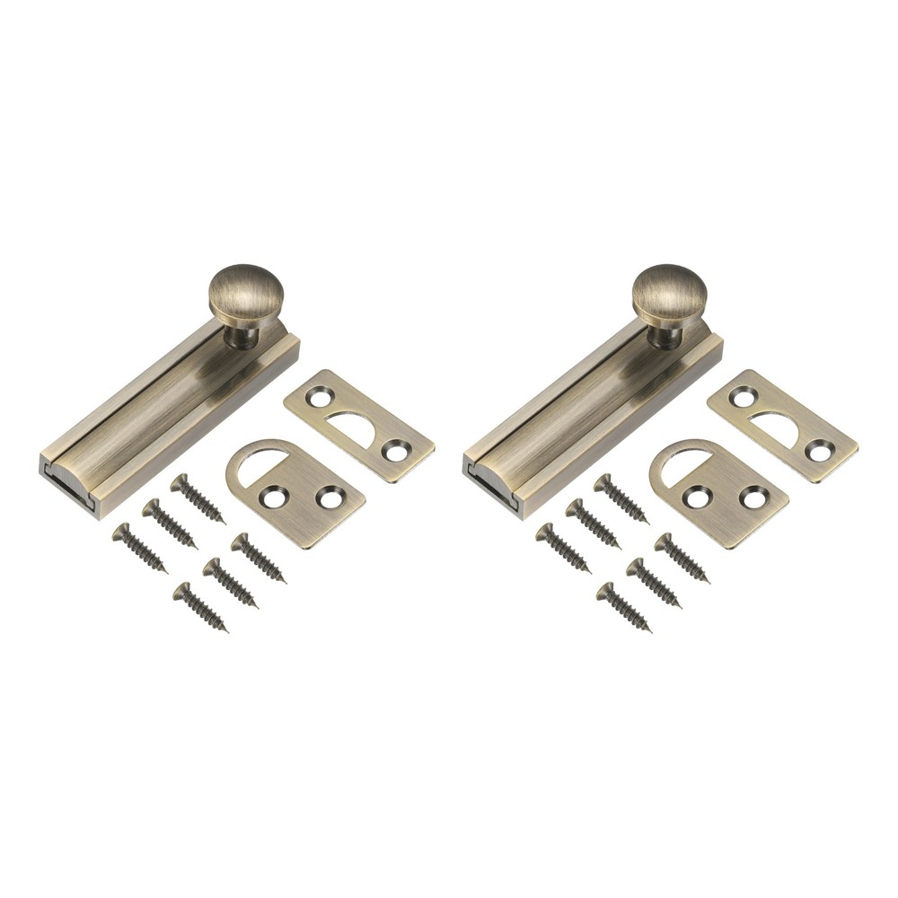2Pcs 2" Solid Brass Surface Bolt, Brushed Slide Latch Door Lock, Bronze