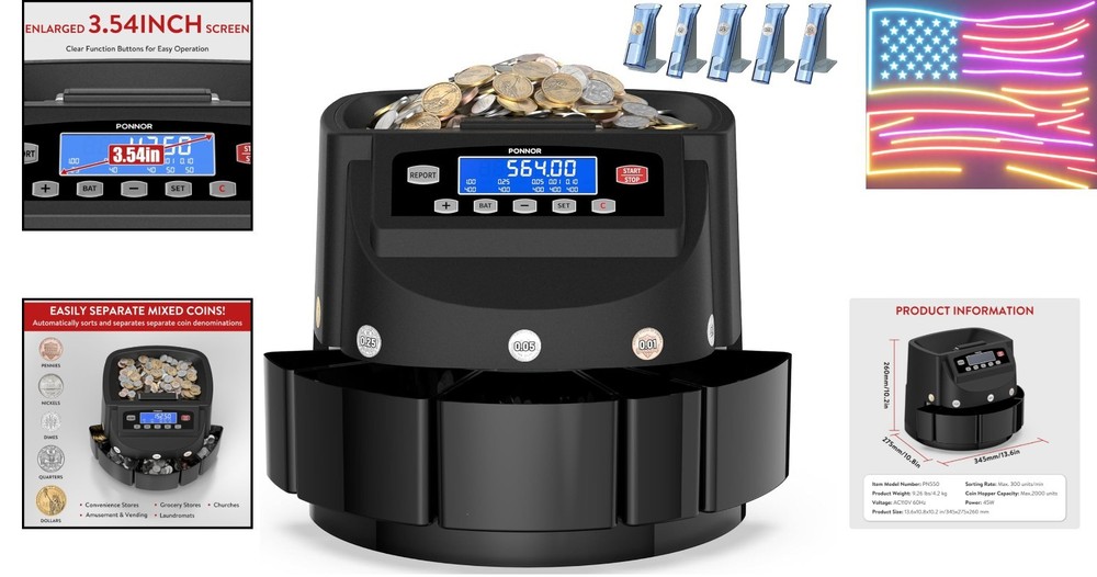 Coin Counter Machine Sorter Change and Wrapper Roller Counting Organizer Sort...