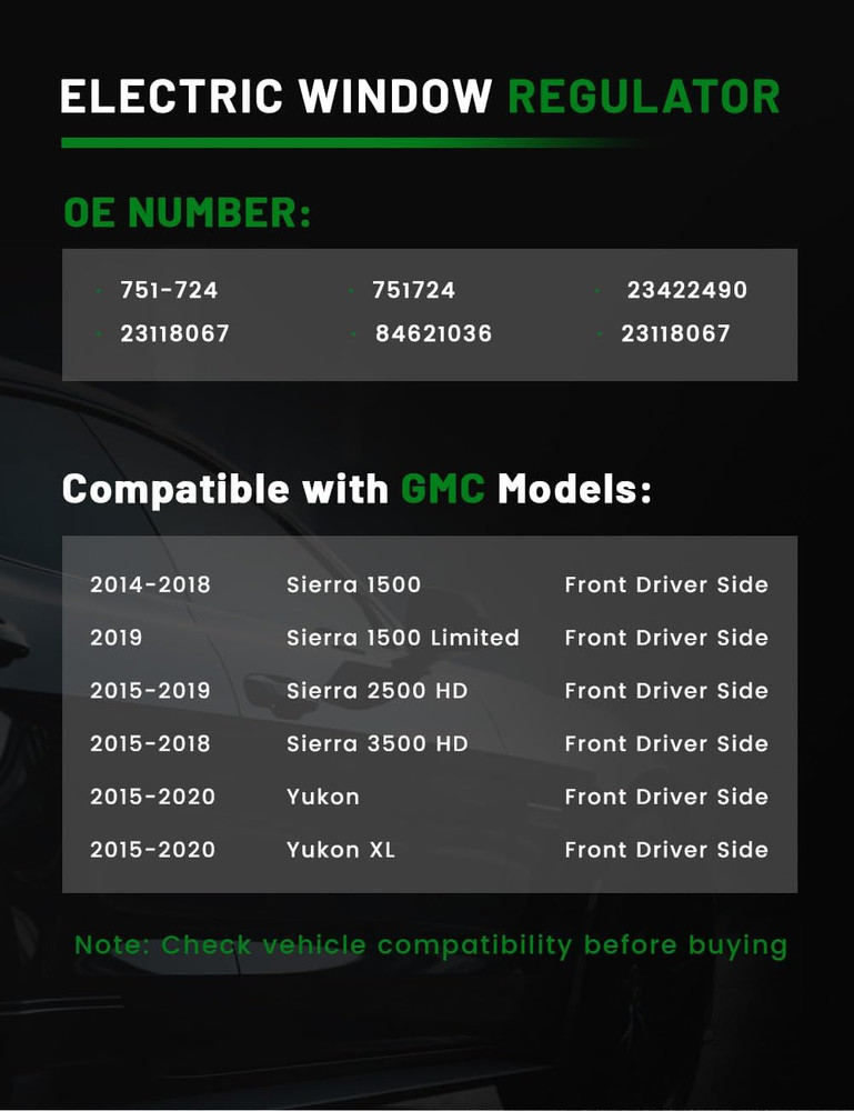 2015-20 Escalade 2014-20 Silverado 1500 2500 HD Driver Window Regulator–Compatib