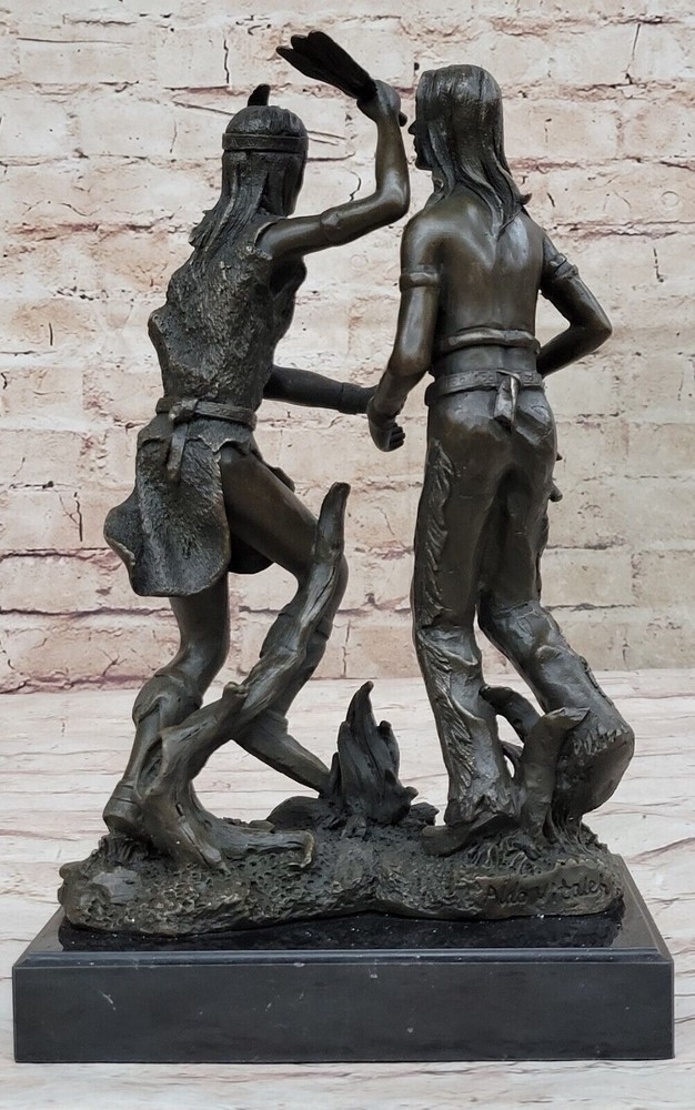 Handcrafted Two Indian Warrior Dancing Over the Fire Bronze Sculpture Artwork