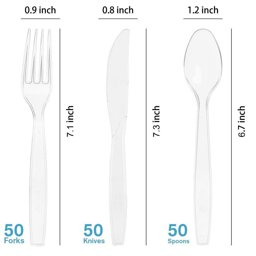MOACOCK 150 Pcs Clear Plastic Silverware, Heavy Weight Forks L,