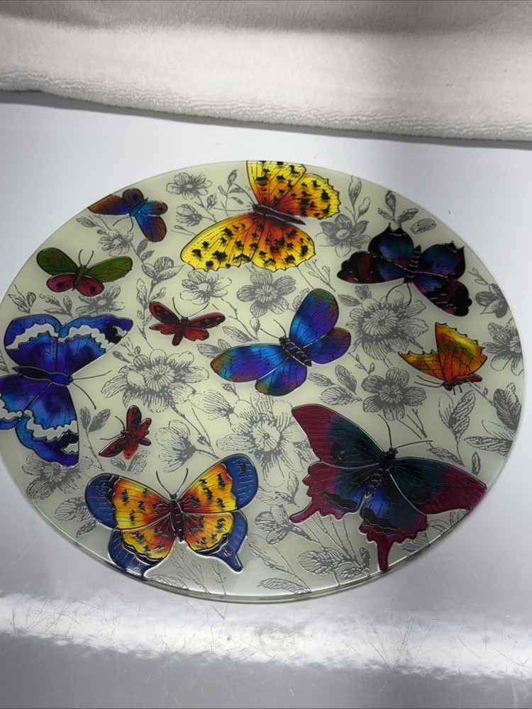 10” Round Flat Glass Butterfly Decor