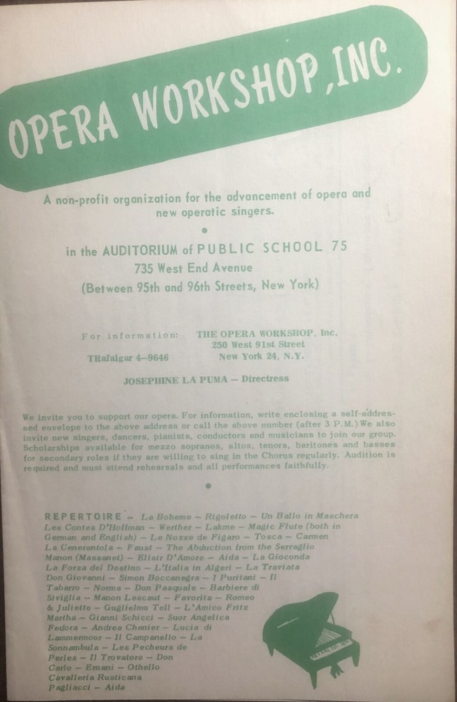 rare OPERA WORKSHOP PROGRAM - LAKME -  1959 New York City