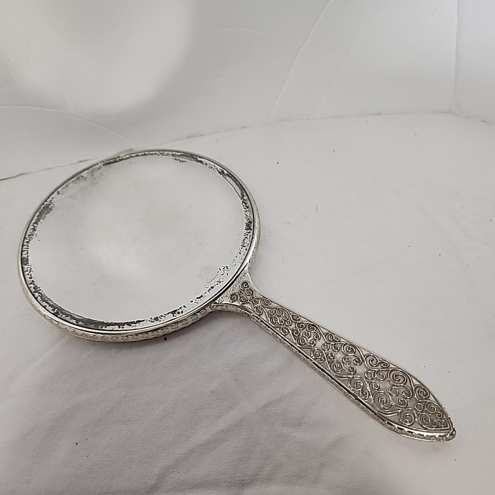 Vintage Silver Tone Handheld Mirror  Double Sided Magnified