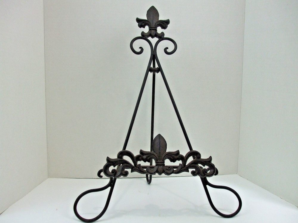 Brown Iron Display Easel Stand Fleur De Lis Design for Plates Art Frames 18"