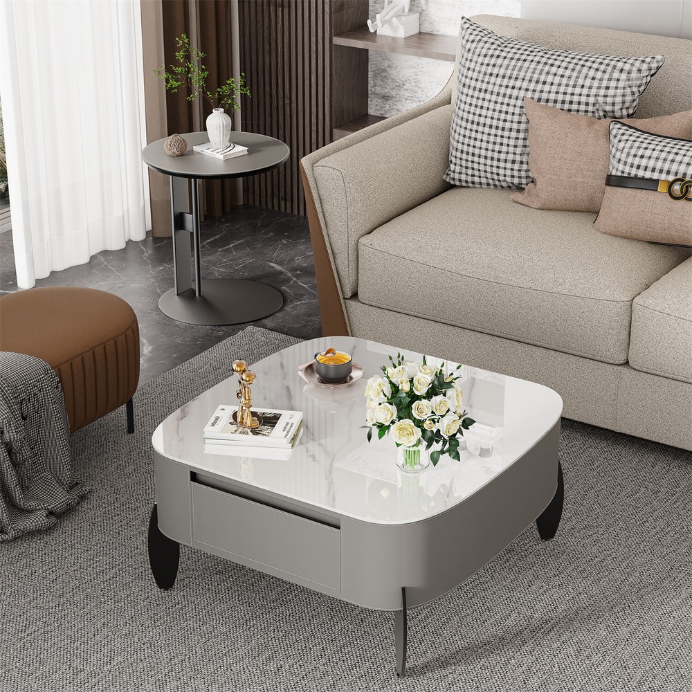 32'' Diameter Modern Coffee Table Luxury Stone Top Saddle Leather Center Table