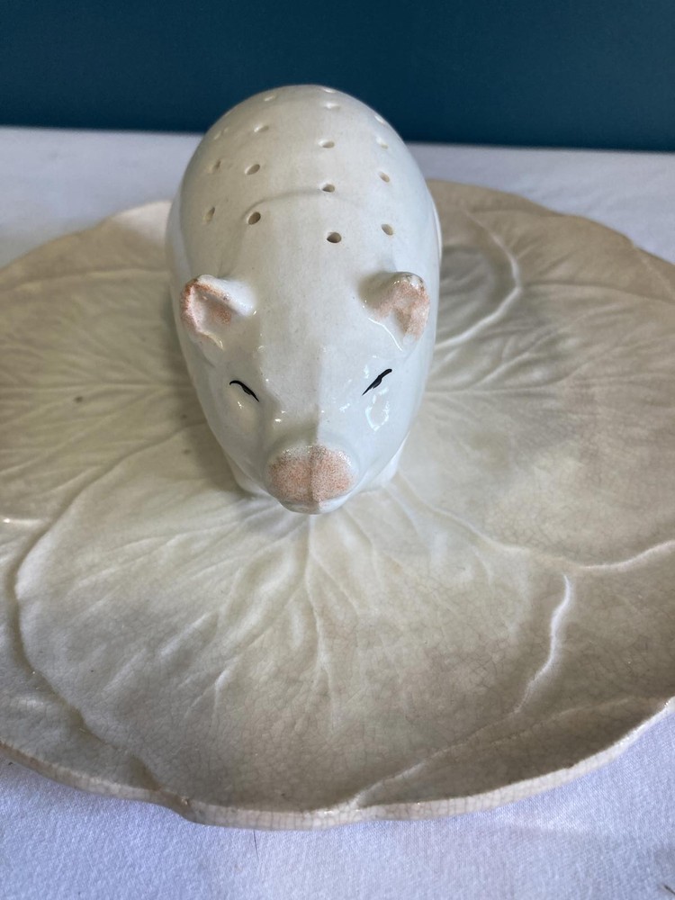 Vintage Ceramic Pig Canapé Holder on Leaf Dish