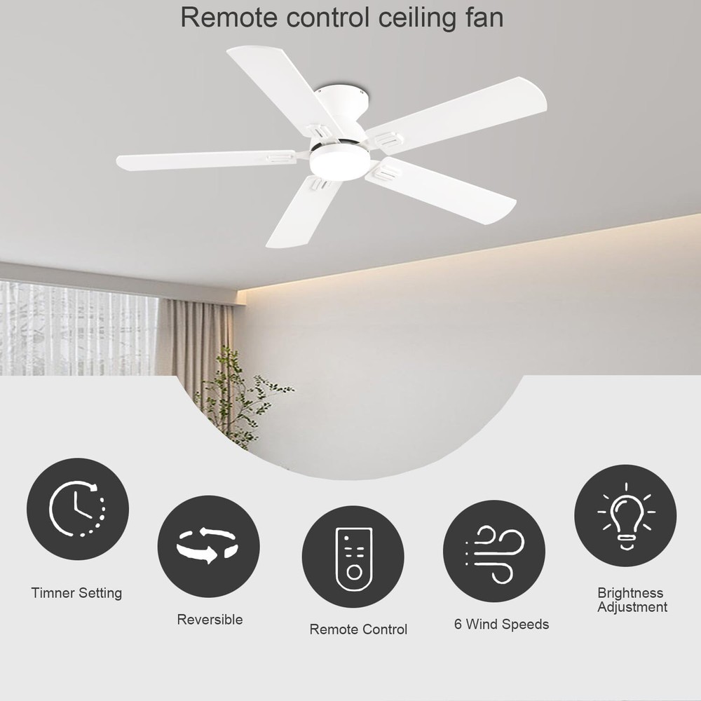 52" Low Profile Ceiling Fan with Lights, Remote/APP Control, Dimmable, White
