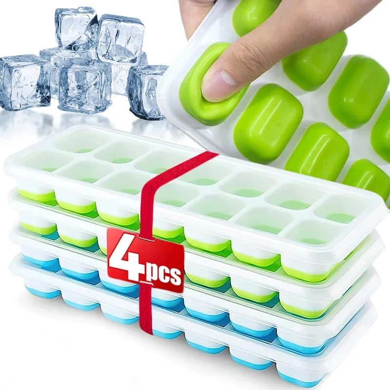 Ice Cube Tray, 4 Pack Silicone Ice Tray 14 Ice Cube Molds with Lids Stackable