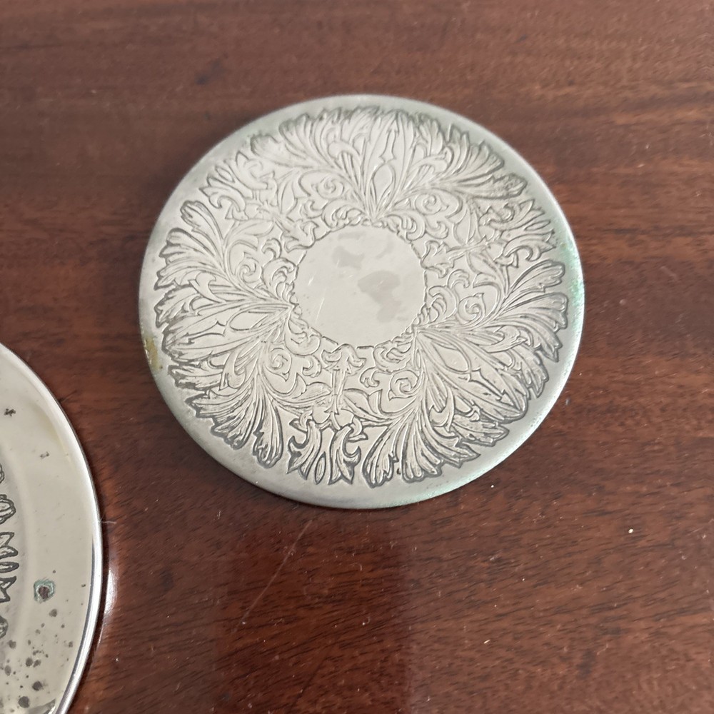 Vintage Silver Plated Coaster Set 6 Piece With Holder Engraved Tableware